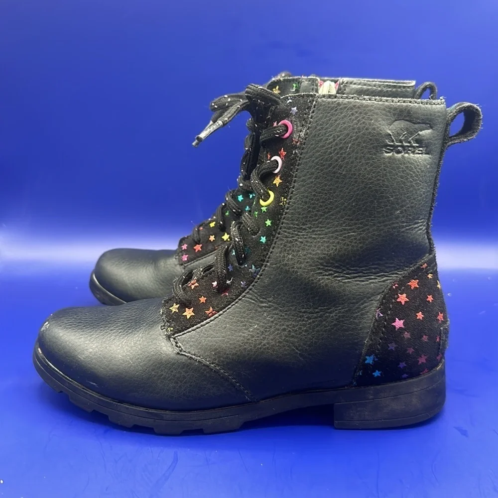 Sorel Emelie Youth Girls Leather Combat Boot SZ 4 Black Waterproof Arch Support